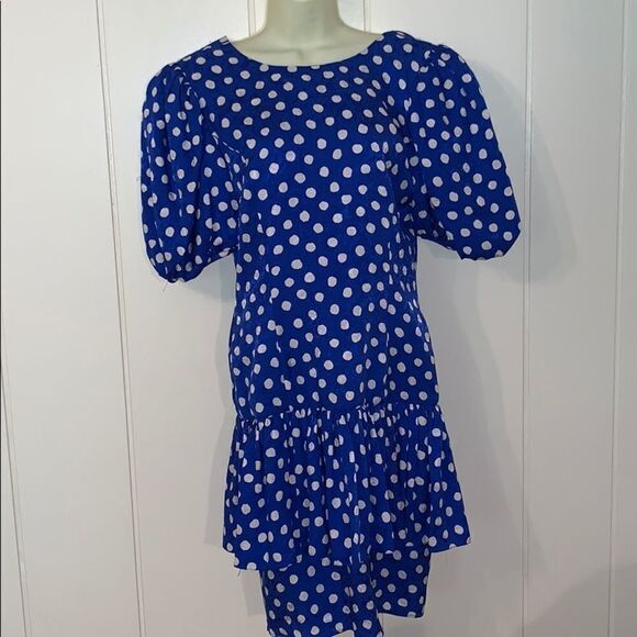 Totally awesome Vtg 80s blue & white silk dress - Picture 3 of 7